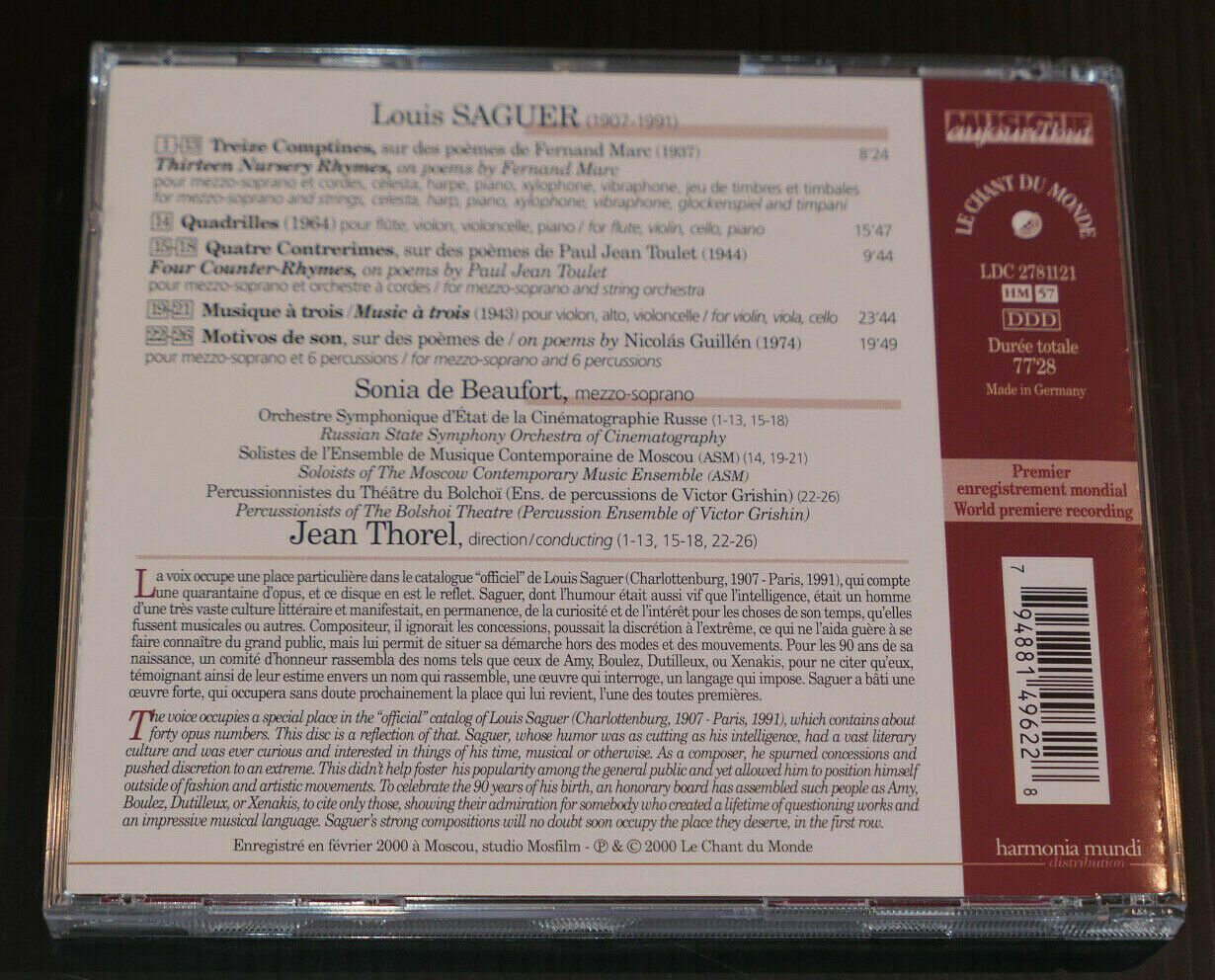 CD LOUIS SAGUER / LE CHANT DU MONDE 2000