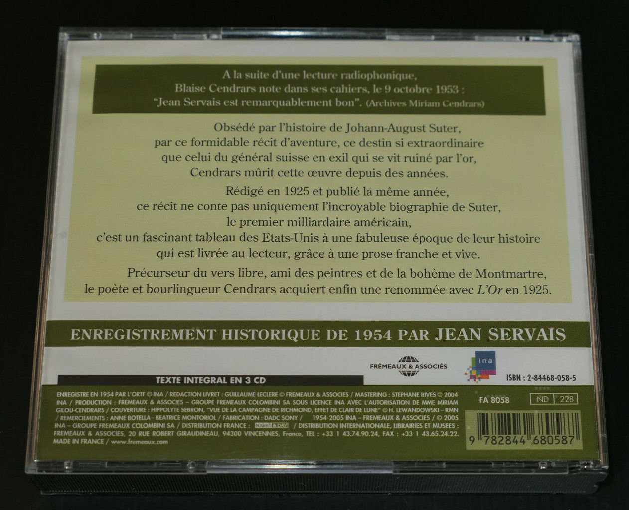 3CD BLAISE CENDRARS / L'OR / TEXTE INTEGRAL ENREGISTRE PAR JEAN SERVAIS EN 1954