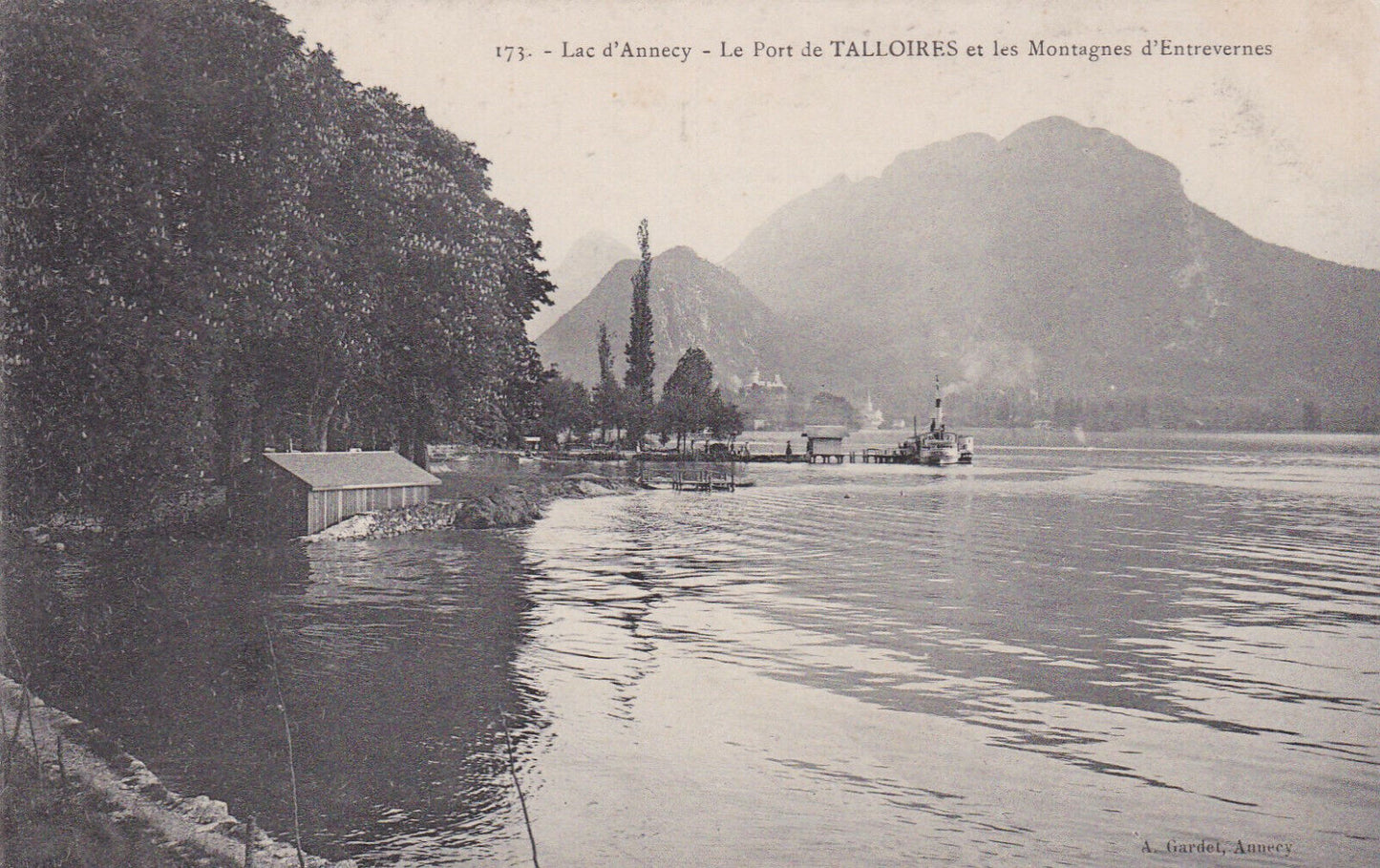 OLD POSTCARD CPA LAKE ANNECY THE PORT OF TALLOIRES AND THE MOUNTAINS... 