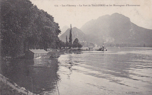 OLD POSTCARD CPA LAKE ANNECY THE PORT OF TALLOIRES AND THE MOUNTAINS... 