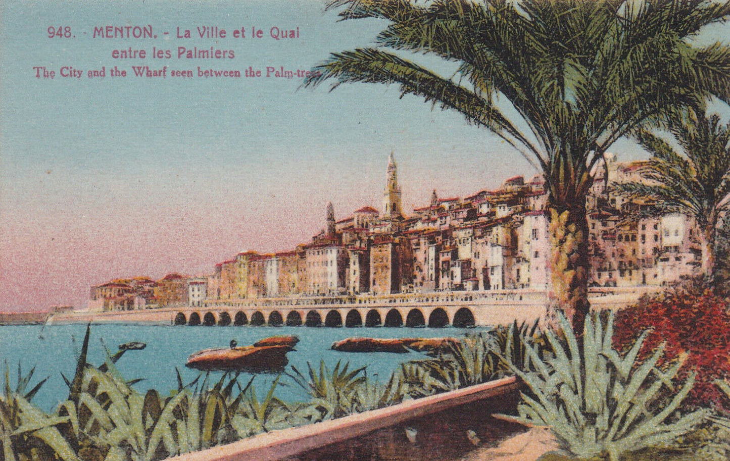 CARTE POSTALE ANCIENNE CPA MENTON LA VILLE ET LE QUAI ENTRE LES PALMIERS