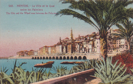 OLD POSTCARD CPA MENTON THE CITY AND THE QUAY BETWEEN THE PALM TREES 