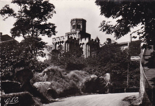CPSM BLACK &amp; WHITE POSTCARD / ROYAT VALLEY ROAD THE FORTIFIED CHURCH 
