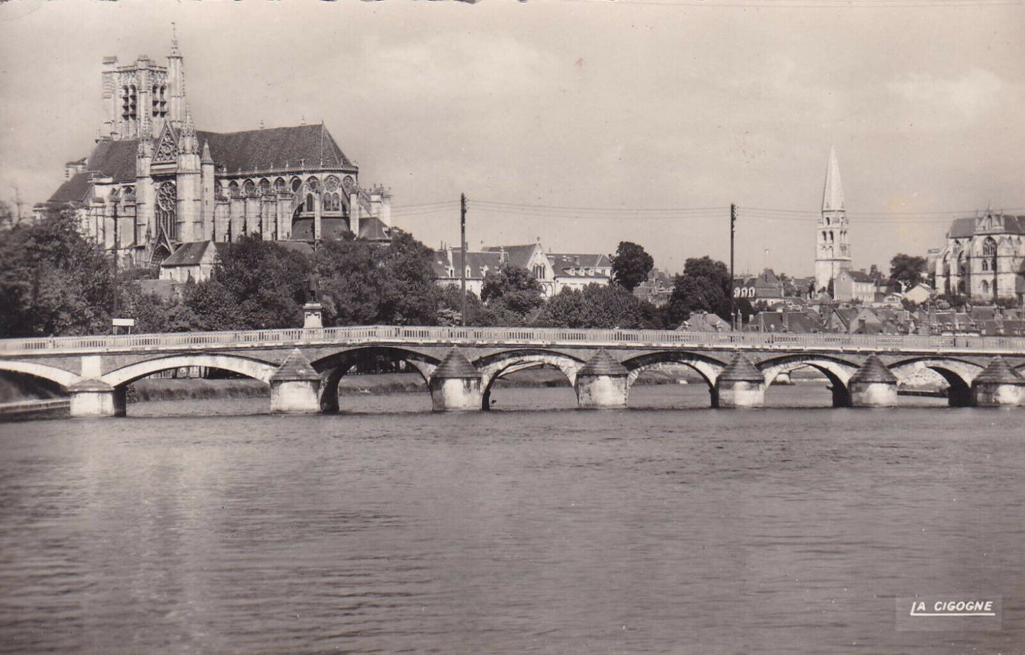 CPSM BLACK &amp; WHITE POSTCARD / AUXERRE THE PAUL BERT BRIDGE AND THE CATHEDRAL 
