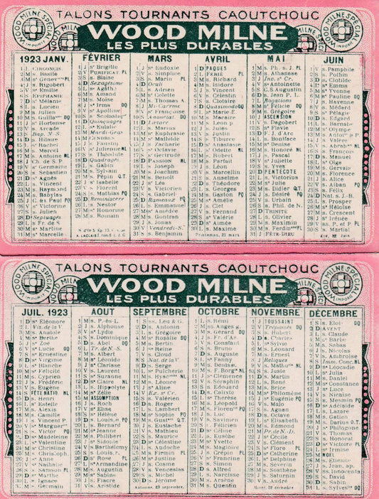 ANCIENNE PUBLICITE CALENDRIER 1923 TALONS WOOD MILNE SPECIAL ANTIQUE ADVERTISING