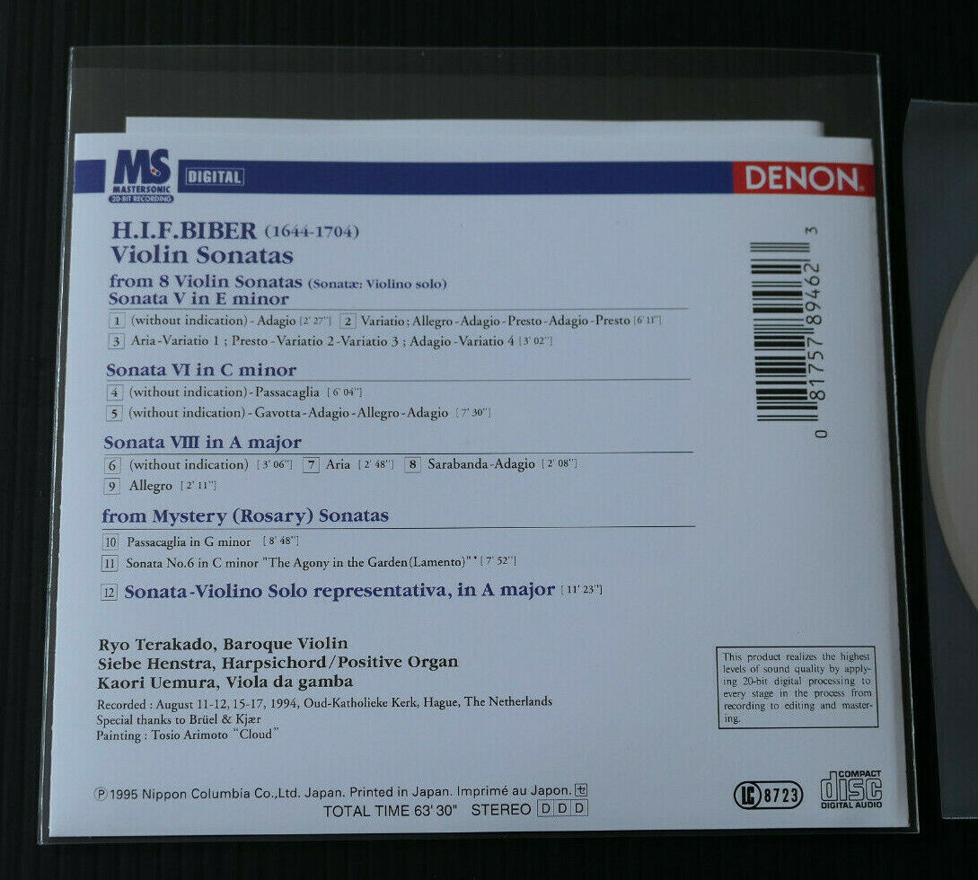 CD BIBER VIOLIN SONATAS / RYO TERAKADO / KAORI UEMURA / DENON JAPAN 1995