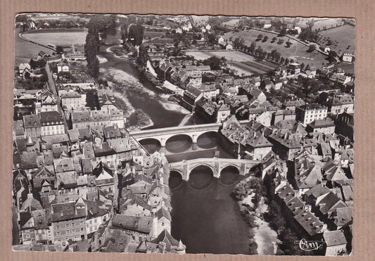 CPSM BLACK &amp; WHITE POSTCARD / ESPALION AERIAL VIEW OF THE TWO BRIDGES LOT 