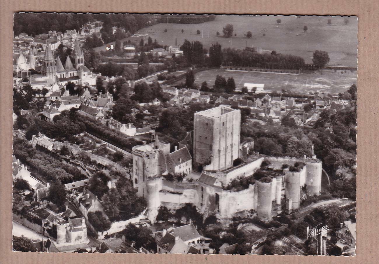CPSM BLACK &amp; WHITE POSTCARD / LOCHES AERIAL VIEW OF THE KEEP AND THE CHURCH 
