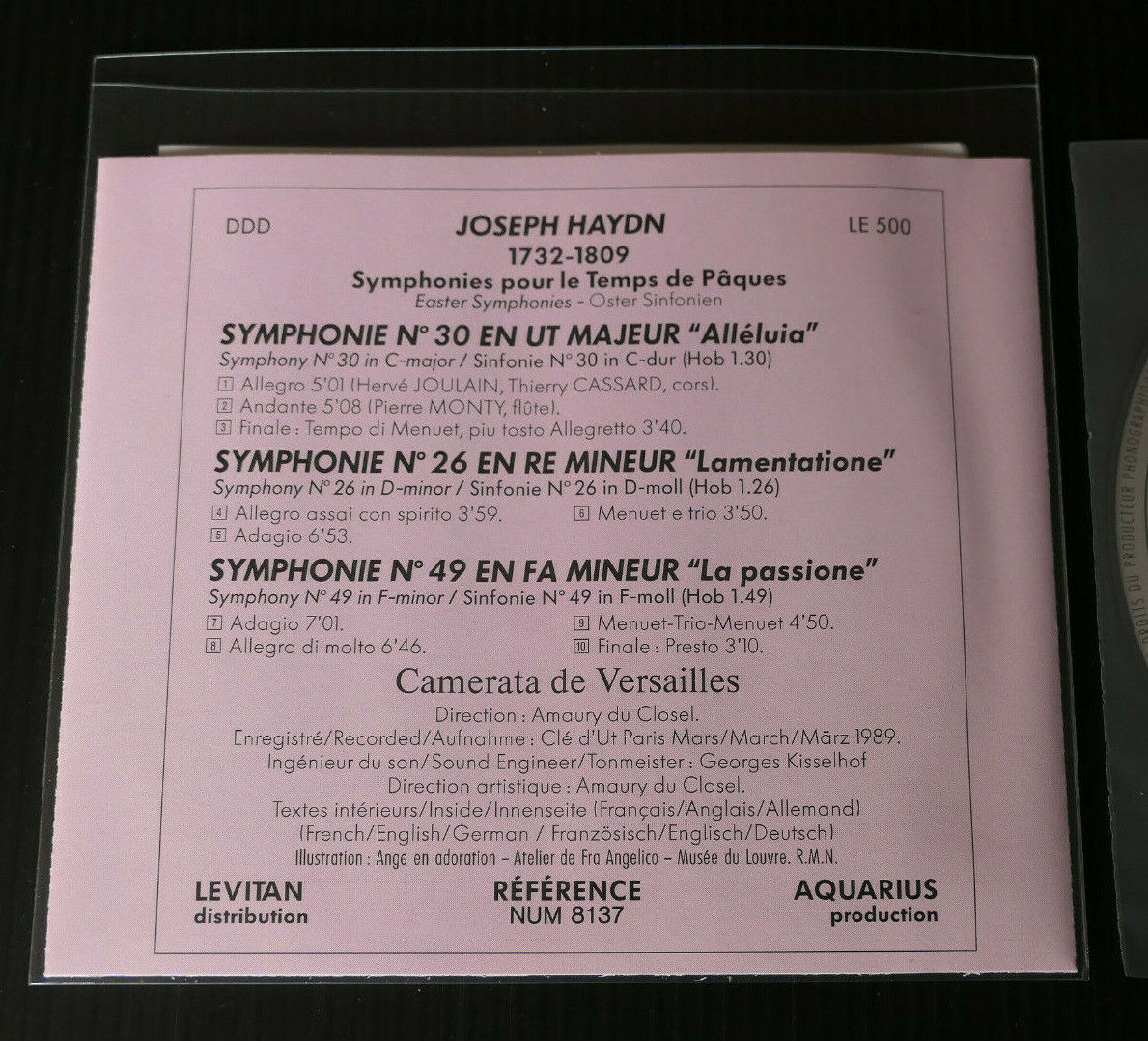 CD HAYDN / LA CAMERATA DE VERSAILLES / AMAURY DU CLOSEL / AQUARIUS 1989