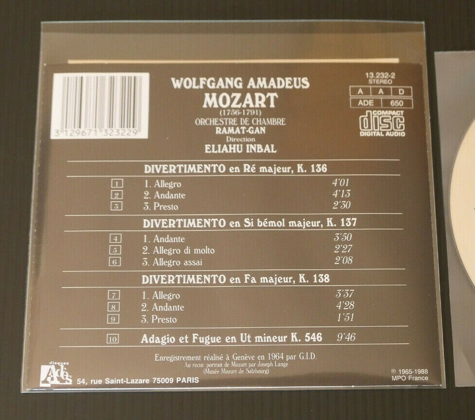 CD MOZART / DIVERTIMENTI / ADAGIO ET FUGUE / ELIAHU INBAL / ADES 1988