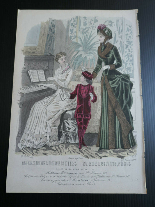 MAGASIN DES DEMOISELLES / 1883 / FRENCH MODE ENGRAVING HAND COLOURED