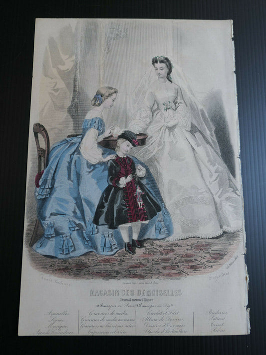 MAGASIN DES DEMOISELLES FRENCH MODE 1863 ENGRAVING HAND COLOURED