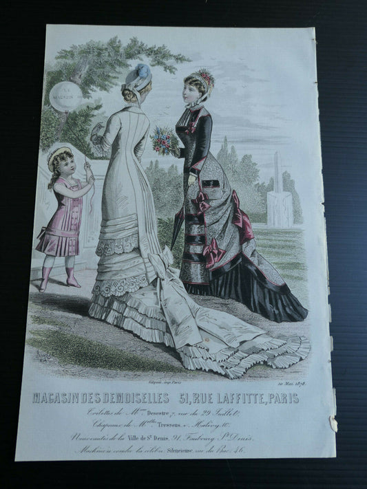MAGASIN DES DEMOISELLES MODE ENGRAVING / 1878 FRENCH HAND COLOURED