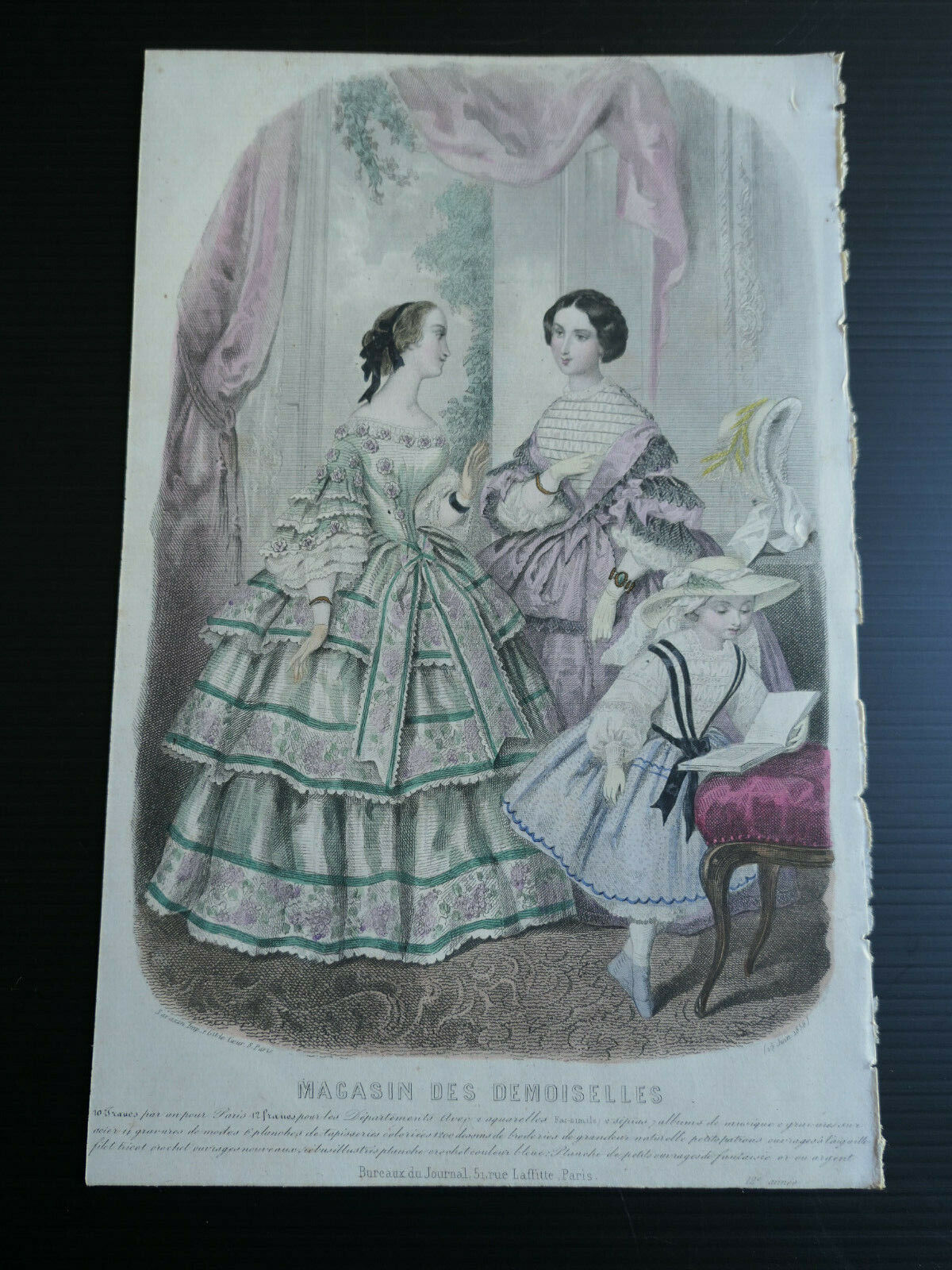 MAGASIN DES DEMOISELLES FRENCH MODE ENGRAVING HAND COLOURED 1856