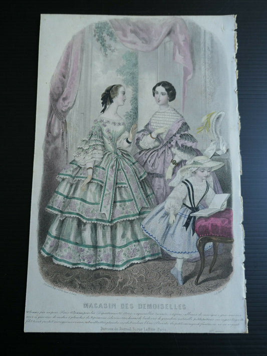 MAGASIN DES DEMOISELLES FRENCH MODE ENGRAVING HAND COLOURED 1856
