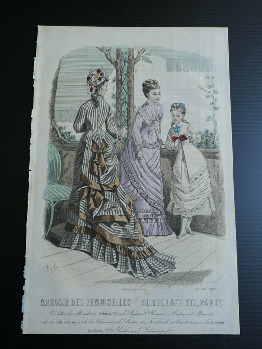 MAGASIN DES DEMOISELLES FRENCH MODE HAND COLOURED ENGRAVING 1876
