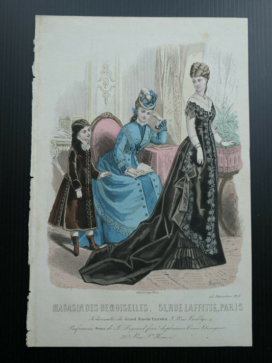 MAGASIN DES DEMOISELLES 1875 FRENCH MODE ENGRAVING HAND COLOURED