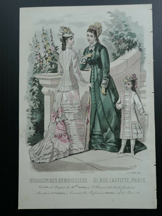 MAGASIN DES DEMOISELLES FRENCH MODE 1877 ENGRAVING HAND COLOURED