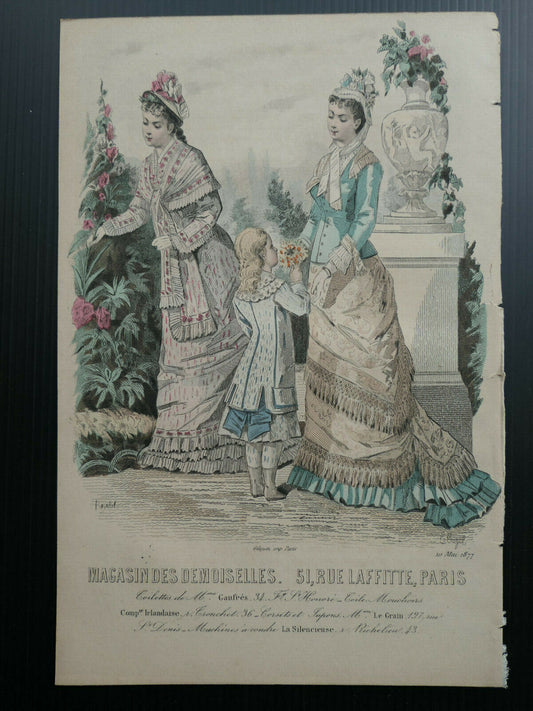 MAGASIN DES DEMOISELLES / 1877 FRENCH MODE ENGRAVING HAND COLOURED