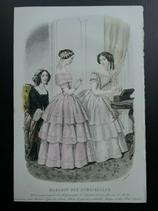 MAGASIN DES DEMOISELLES / 1851 FRENCH MODE ENGRAVING HAND COLOURED