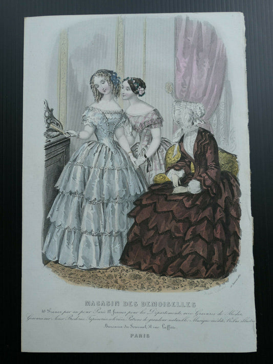 MAGASIN DES DEMOISELLES 1851 FRENCH MODE ENGRAVING HAND COLOURED