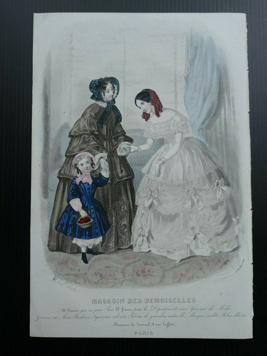 MAGASIN DES DEMOISELLES FRENCH MODE ENGRAVING HAND COLOURED 1850