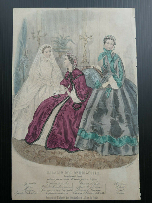 MAGASIN DES DEMOISELLES 1862 FRENCH MODE ENGRAVING HAND COLOURED