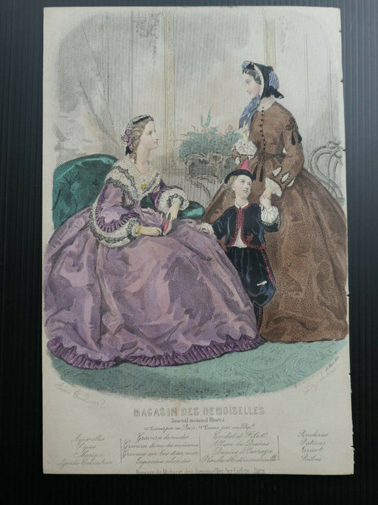 MAGASIN DES DEMOISELLES FRENCH MODE 1862 ENGRAVING HAND COLOURED