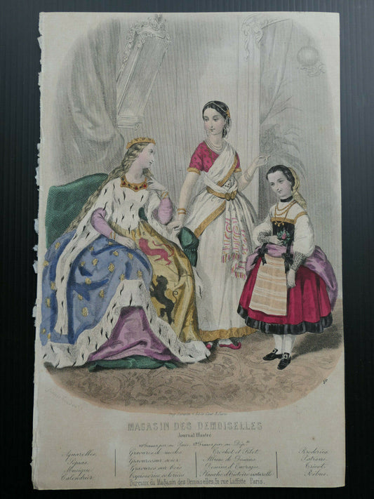 MAGASIN DES DEMOISELLES FRENCH MODE 1861 ENGRAVING HAND COLOURED