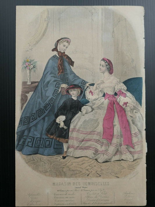 MAGASIN DES DEMOISELLES 1861 / FRENCH MODE ENGRAVING HAND COLOURED