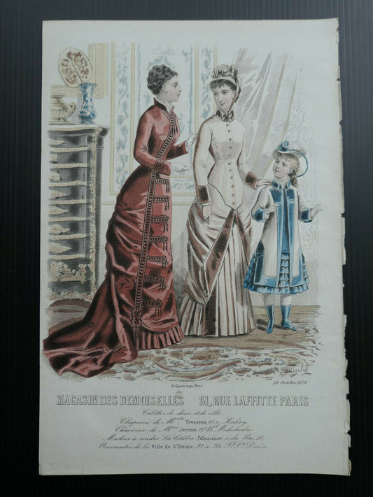 MAGASIN DES DEMOISELLES FRENCH MODE ENGRAVING HAND COLOURED / 1878