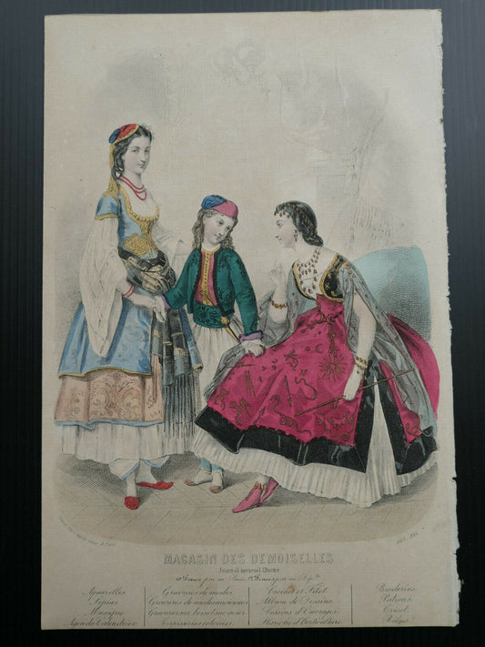 1864 MAGASIN DES DEMOISELLES FRENCH MODE ENGRAVING HAND COLOURED