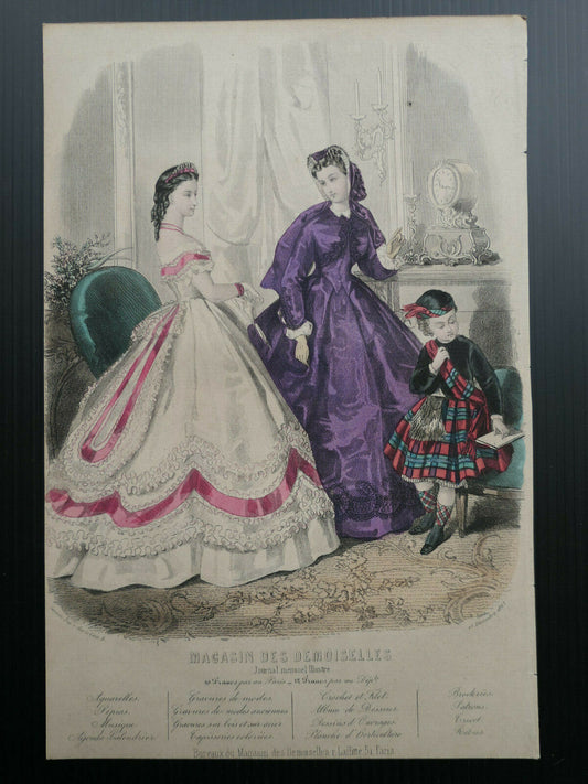 MAGASIN DES DEMOISELLES 1863 FRENCH MODE ENGRAVING HAND COLOURED