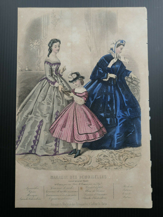 MAGASIN DES DEMOISELLES 1863 / FRENCH MODE ENGRAVING HAND COLOURED