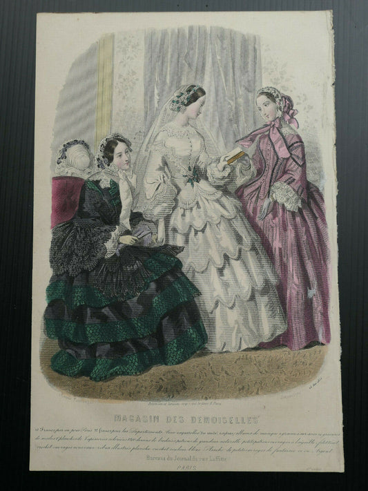 MAGASIN DES DEMOISELLES 1855 / FRENCH MODE ENGRAVING HAND COLOURED