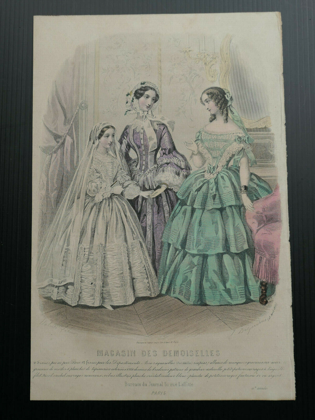 1855 MAGASIN DES DEMOISELLES FRENCH MODE ENGRAVING HAND COLOURED