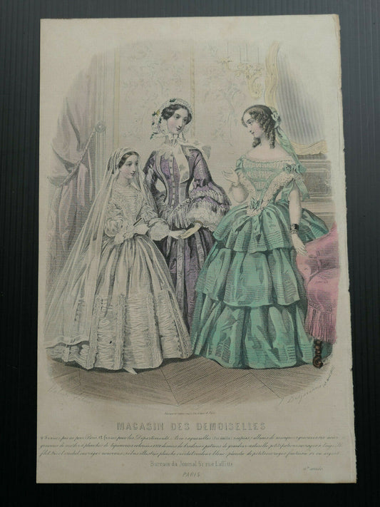 1855 MAGASIN DES DEMOISELLES FRENCH MODE ENGRAVING HAND COLOURED