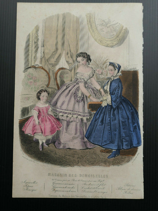 MAGASIN DES DEMOISELLES FRENCH MODE 1859 ENGRAVING HAND COLOURED