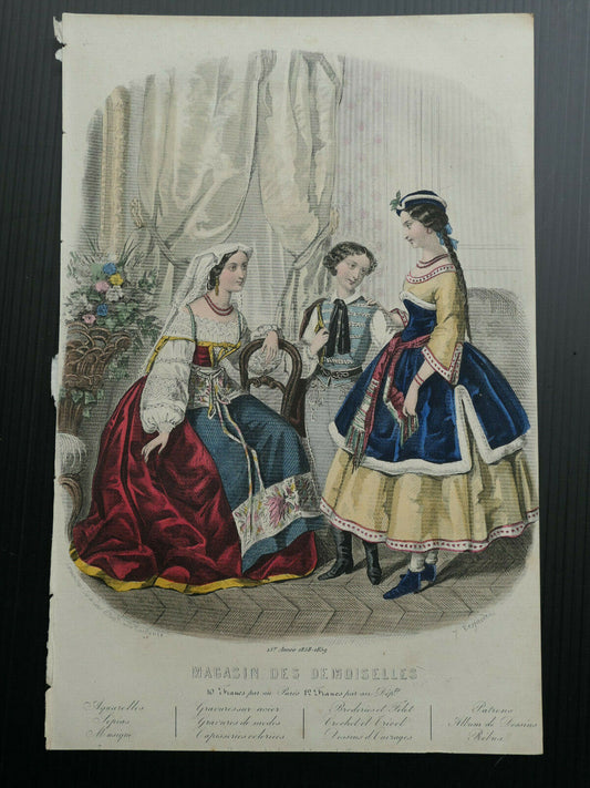 MAGASIN DES DEMOISELLES 1858-1859 FRENCH MODE ENGRAVING HAND COLOURED