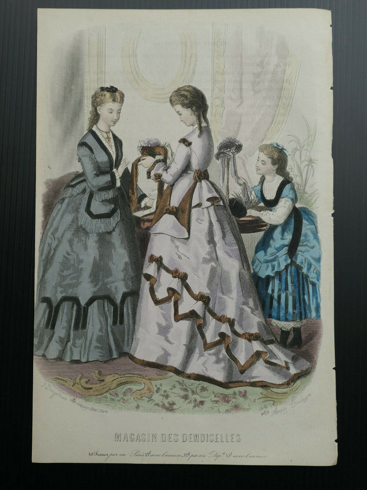 1871 MAGASIN DES DEMOISELLES FRENCH MODE ENGRAVING HAND COLOURED