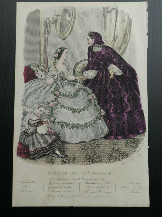 MAGASIN DES DEMOISELLES 1858 FRENCH MODE ENGRAVING HAND COLOURED