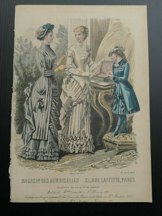 MAGASIN DES DEMOISELLES 1882 FRENCH MODE ENGRAVING HAND COLOURED