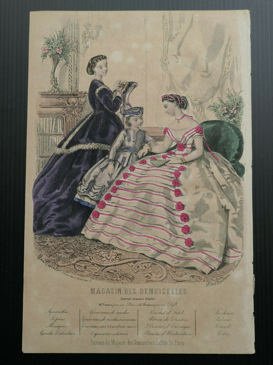 MAGASIN DES DEMOISELLES 1865 FRENCH MODE ENGRAVING HAND COLOURED
