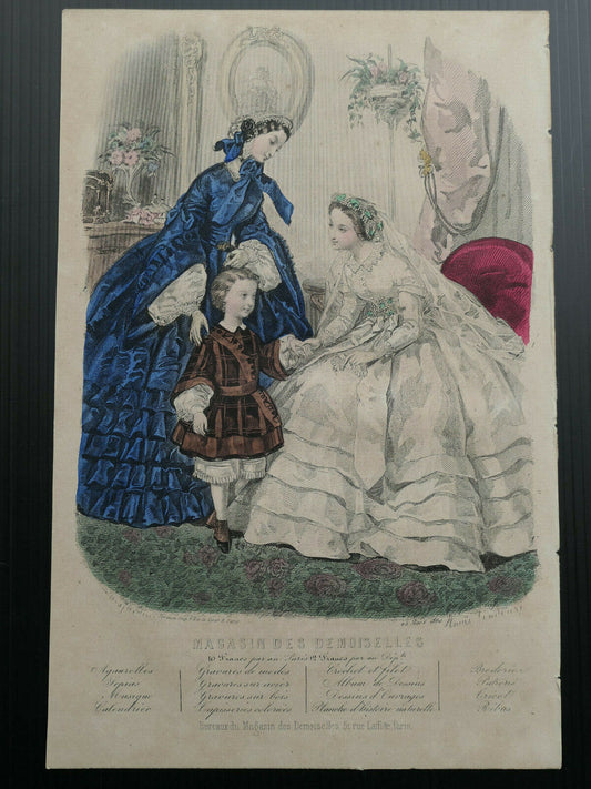 MAGASIN DES DEMOISELLES 1860 / FRENCH MODE ENGRAVING HAND COLOURED