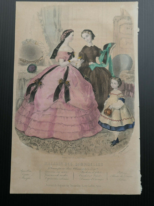 MAGASIN DES DEMOISELLES / 1859 FRENCH MODE ENGRAVING HAND COLOURED