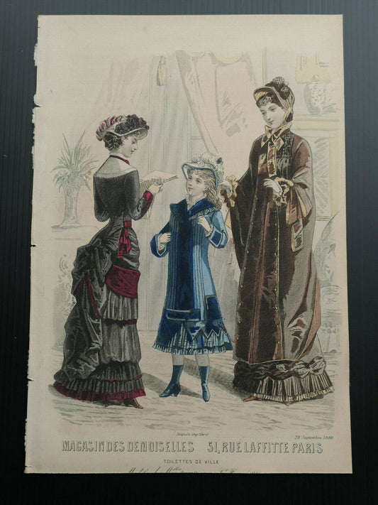 MAGASIN DES DEMOISELLES MODE ENGRAVING HAND COLOURED FRANCE 1880