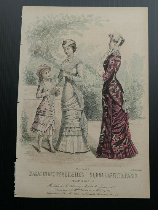 MAGASIN DES DEMOISELLES 1880 MODE ENGRAVING HAND COLOURED FRANCE