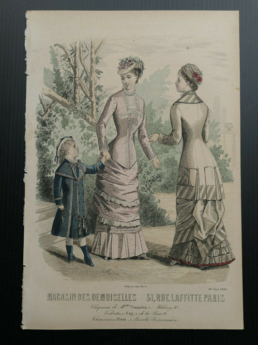 MAGASIN DES DEMOISELLES 1880 FRENCH MODE ENGRAVING HAND COLOURED