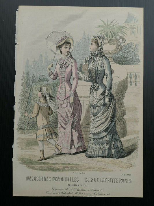 MAGASIN DES DEMOISELLES FRENCH MODE ENGRAVING 1880 / HAND COLOURED