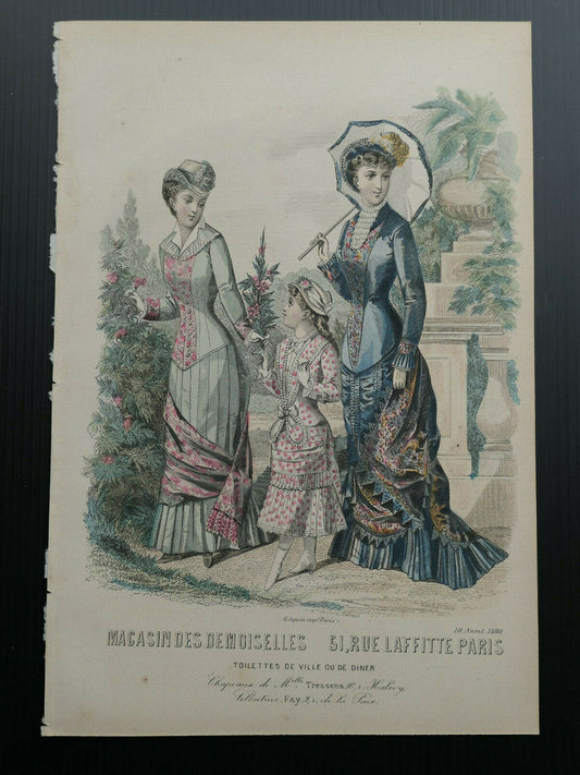MAGASIN DES DEMOISELLES FRENCH MODE ENGRAVING HAND COLOURED 1880